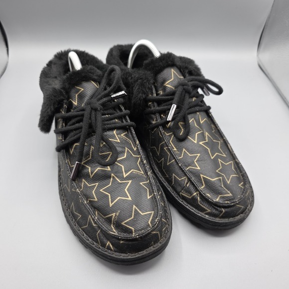 Hey Dude Shoes - Hey Dude Britt Booties Womens 10 Starry Black Gold Faux Fur Lined Flat Comfort